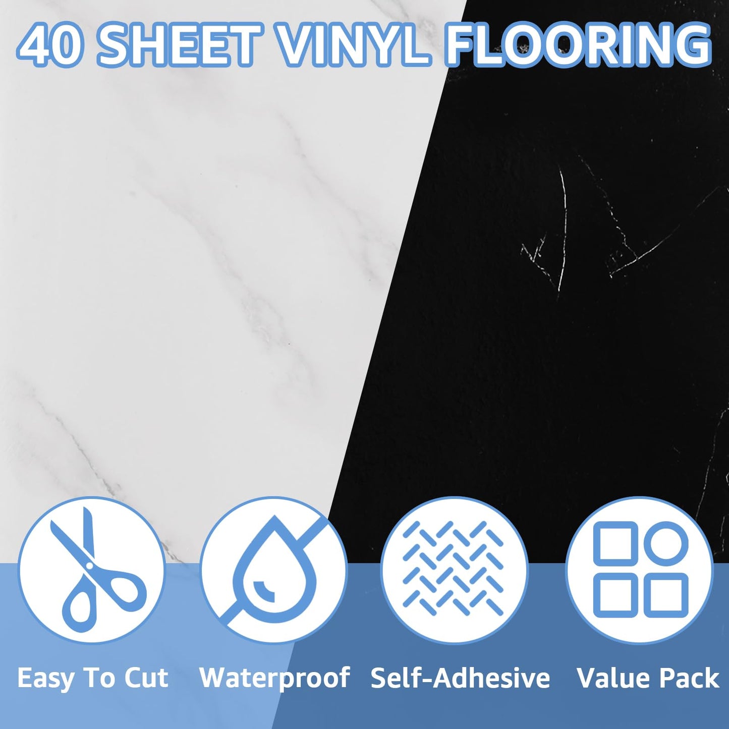 AKOLAFE 40 Sheet Vinyl Flooring 12x12 Peel and Stick Floor Tile Waterproof Clearance Vinyl Floor Tiles Bk&Wh Marble Self Adhesive Floor Tiles Sticky Laminate Flooring for Bathroom Kitchen Basement RV