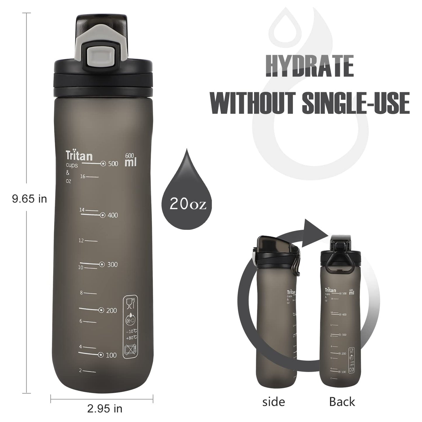 Opard Peak Water Bottle 20 Oz BPA Free Tritan Plastic Leak Proof Flip Top for School Kids Sports Gym Yoga Camping (Dark Grey)