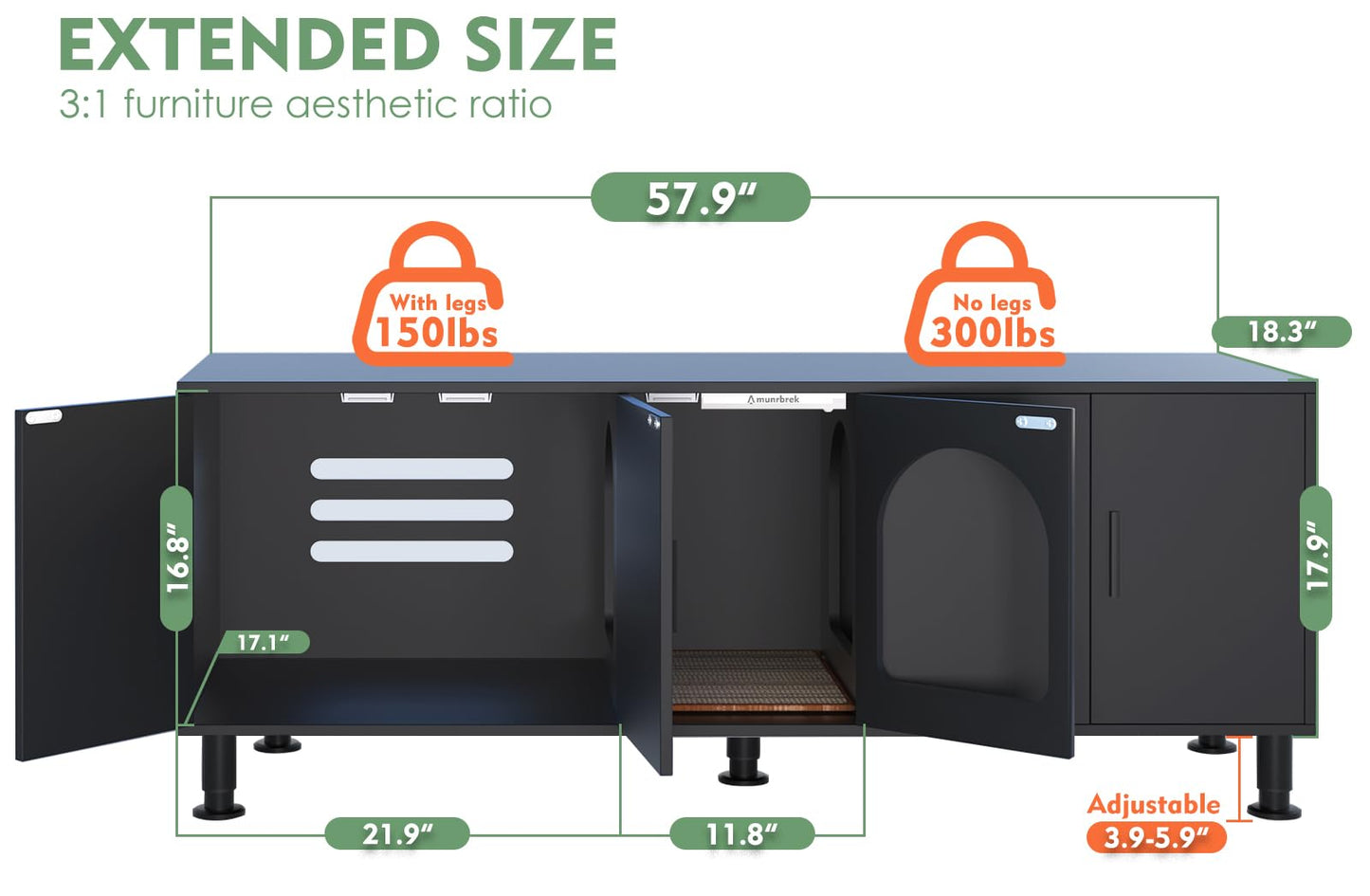 Amunrbrek Double Litter Box Enclosure, Litter Box Enclosure for 2 Litter Boxes, Modern Litter Box Furniture for 2 Cats, with Cat Door & Motion Light (Black)