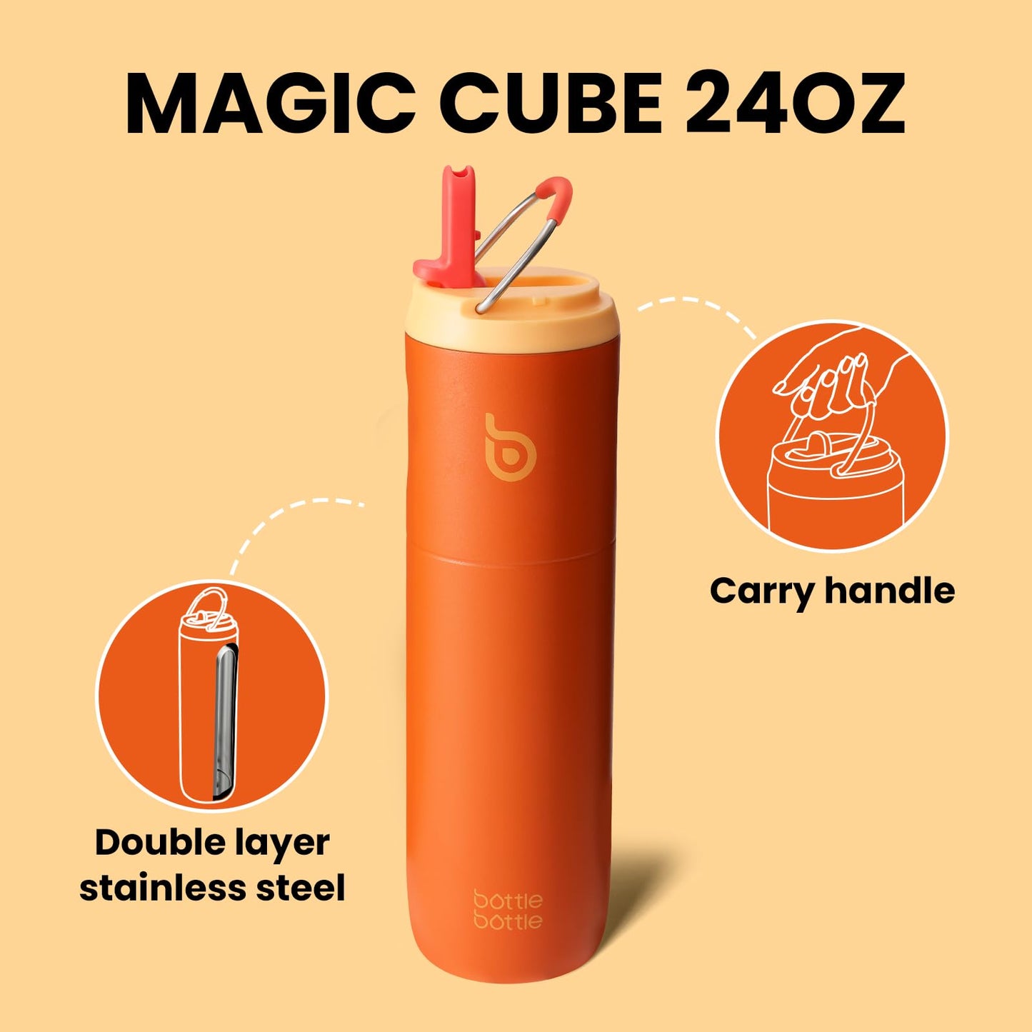 BOTTLE BOTTLE Insulated Water Bottle 24oz with Straw Lid and Handle for Sports Travel Gym Stainless Steel Water Bottles Double-Wall Vacuum Metal Thermos Bottles Leak Proof BPA-Free (Orange)