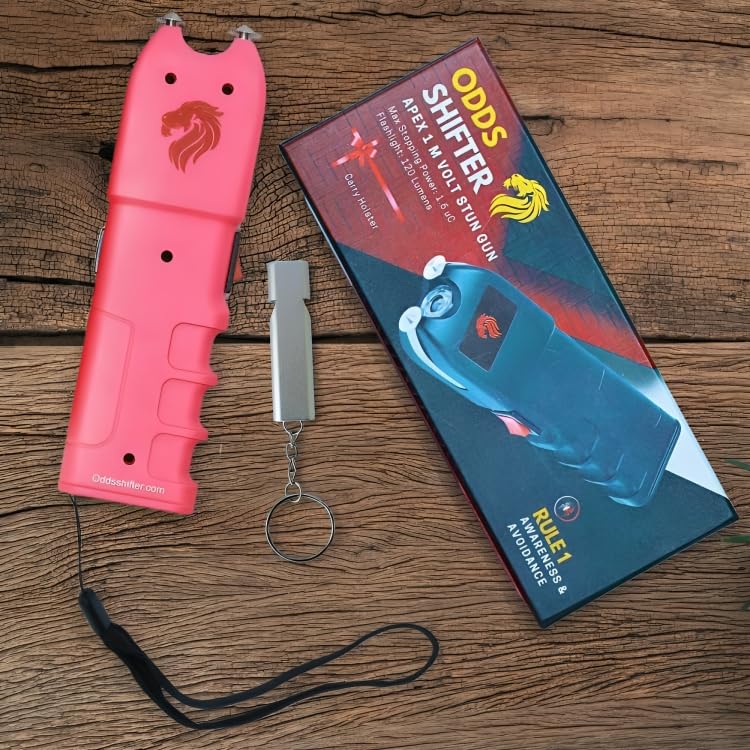 Odds Shifter - Stun Gun for Self Defense and Emergency Whistle - 1.62 uC, 120 Lumens, Anti Grab Technology - Flashlight - Self Defense Weapons Duo