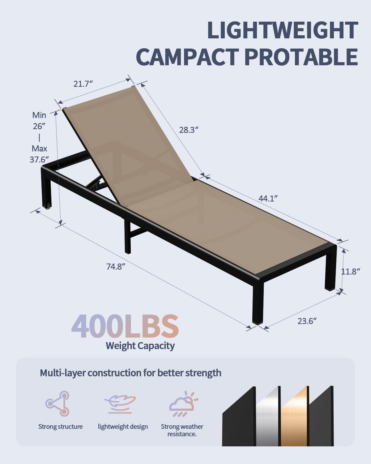WOAJNQO Aluminum Lounge Chairs Outdoor Chaise Furniture,2 Sets Patio Metal Deck Lounger Adjustable 5-Position Poolside Chase Recliner with Wheels for Beach,Coffee Table,(Khaki, 2 Chair + Table