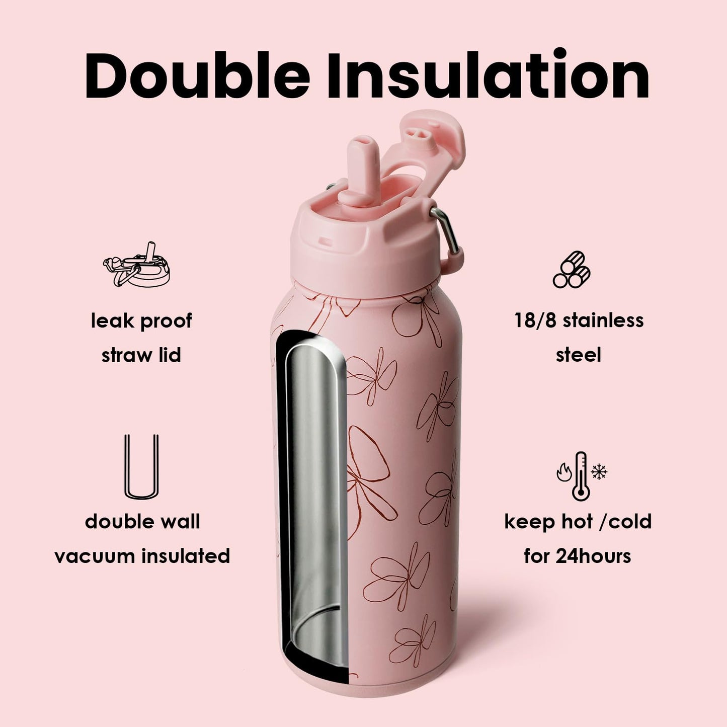 BOTTLE BOTTLE 32oz Insulated Water Bottle Stainless Steel Sport Water Bottle with Straw Dual-use Lid Design for Gym with Pill Box (pink flower)