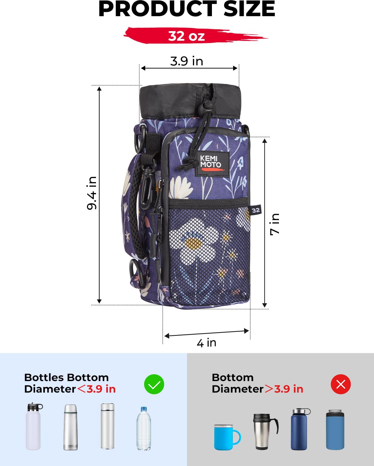 KEMIMOTO Water Bottle Holder Bag, Water Bottle Carrier with Adjustable Shoulder Strap, Water Bottle Pouch Holder for Hiking, Camping, Fishing, Compatible with YETI Stanley SLM 32 oz, 40 oz, 64 oz