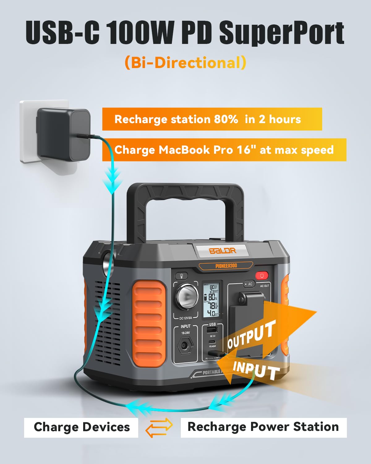 BALDR Portable Power Station 300W, 231Wh Solar Generator Backup Lithium Battery Power Supply, 120V Pure Sine Wave AC Outlet, QC 3.0, Type C Input/Output, for Home Camping Emergency…