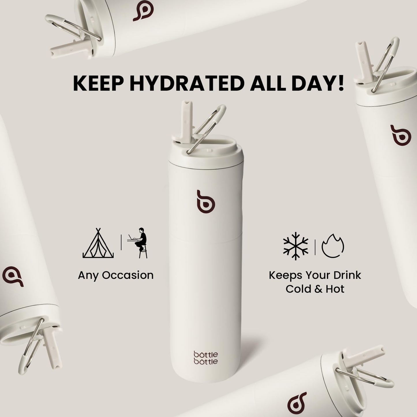 BOTTLE BOTTLE Insulated Water Bottle 24oz with Straw Lid and Handle for Sports Travel Gym Stainless Steel Water Bottles Double-Wall Vacuum Metal Thermos Bottles Leak Proof BPA-Free (Light Gray)