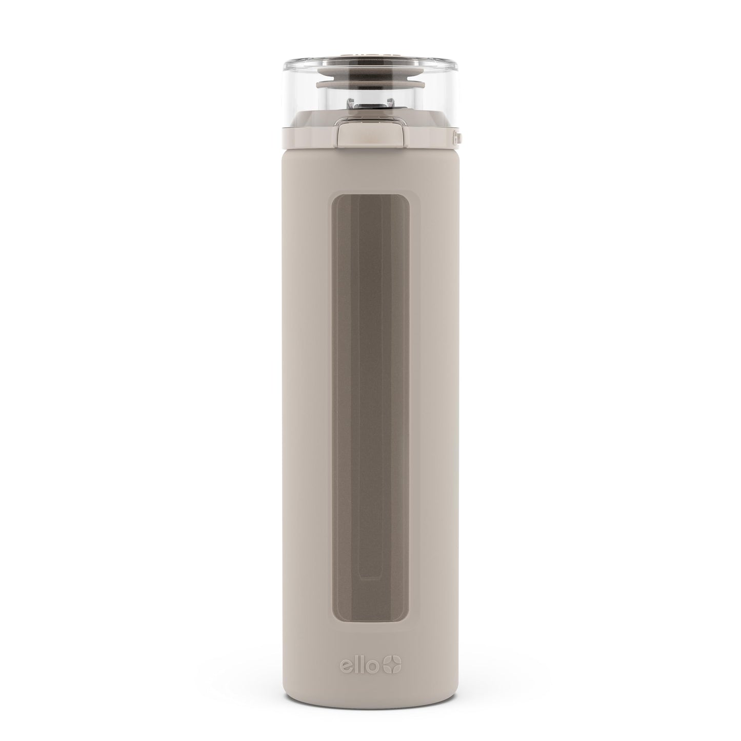Ello Syndicate 20oz Reusable Glass Water Bottle with One-Touch Leak Proof Flip Lid, Protective Non-Slip Silicone Sleeve, Carry Loop for Coffee, Tea and Water, BPA-free, Dishwasher Safe, Sand