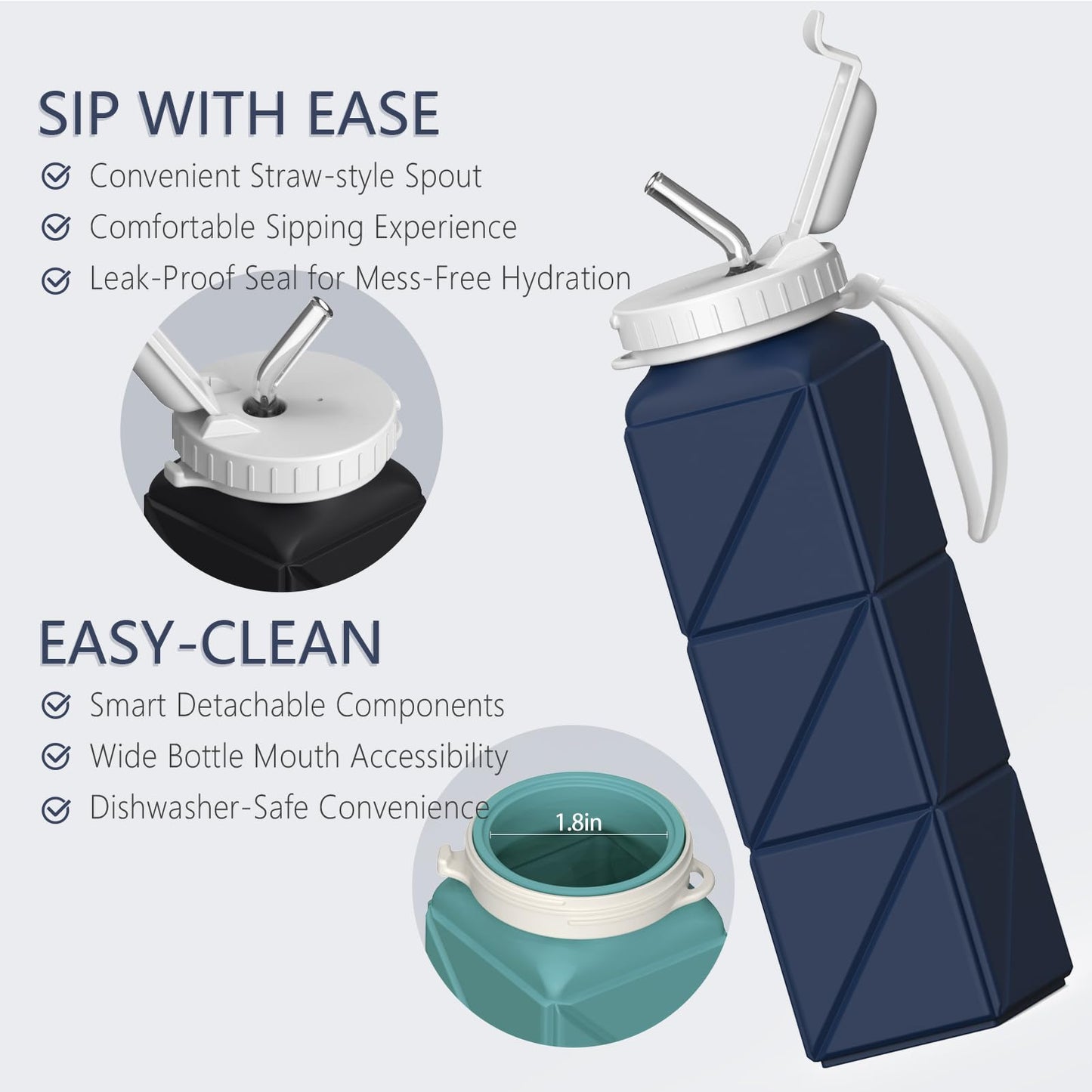 BEAUTAIL Collapsible Water Bottles with Straw, Silicone Foldable Portable Water Bottle 610ml Lightweight Reusable Leakproof for Travel Camping Hiking Cycling Yoga Sports, 1 Pack (Dark Blue)