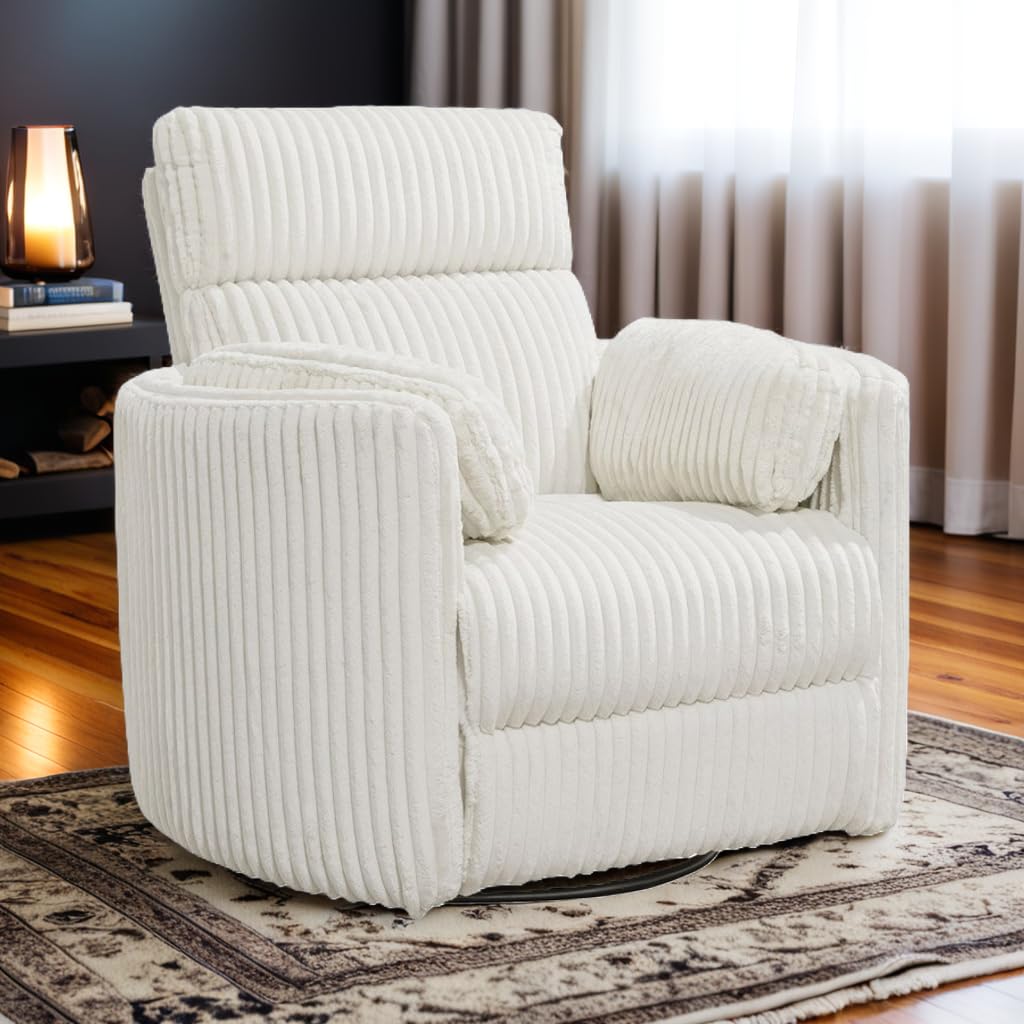 Pemberly Row Contemporary Fabric Swivel Glider Recliner in Ivory with USB Charging Ports and 2 Comfort Pillows for Living Room
