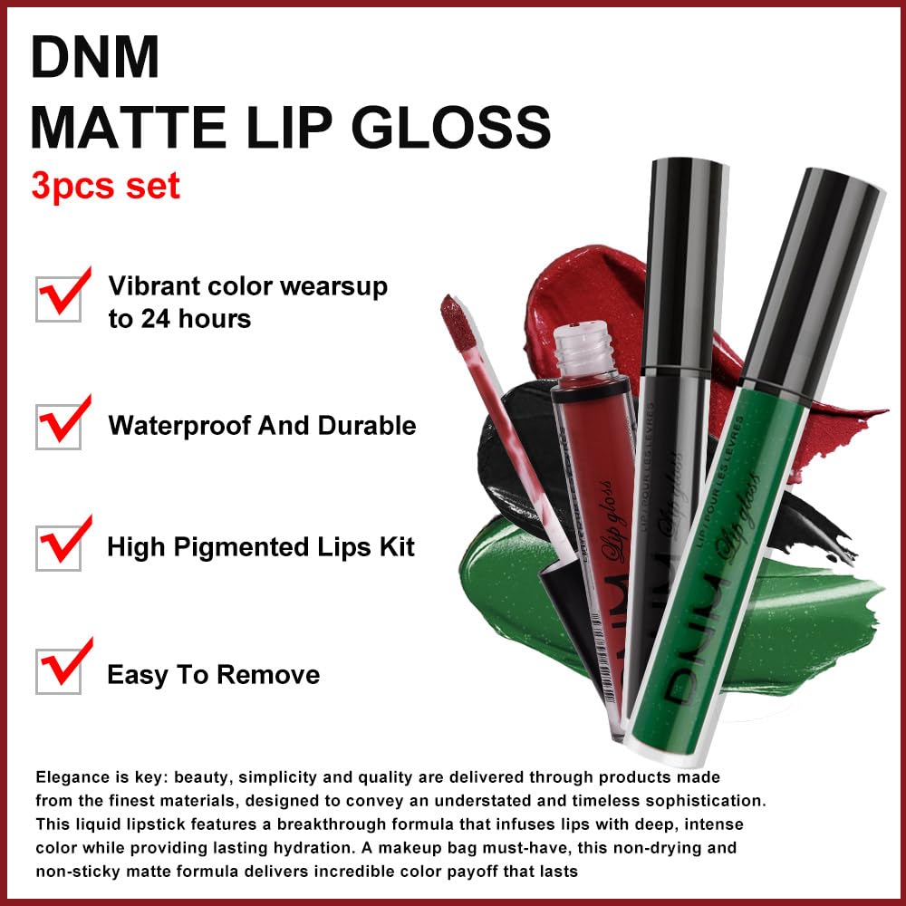 AMY'S DIARY Dark Red Green Black Matte Plum Liquid Lipstick 3Pcs Sets,224-hour Lipstick Long Lasting Permanent L Magic Lipstick Waterproof Lip Stain 24 Smudge Waterproof for Women (Set20)