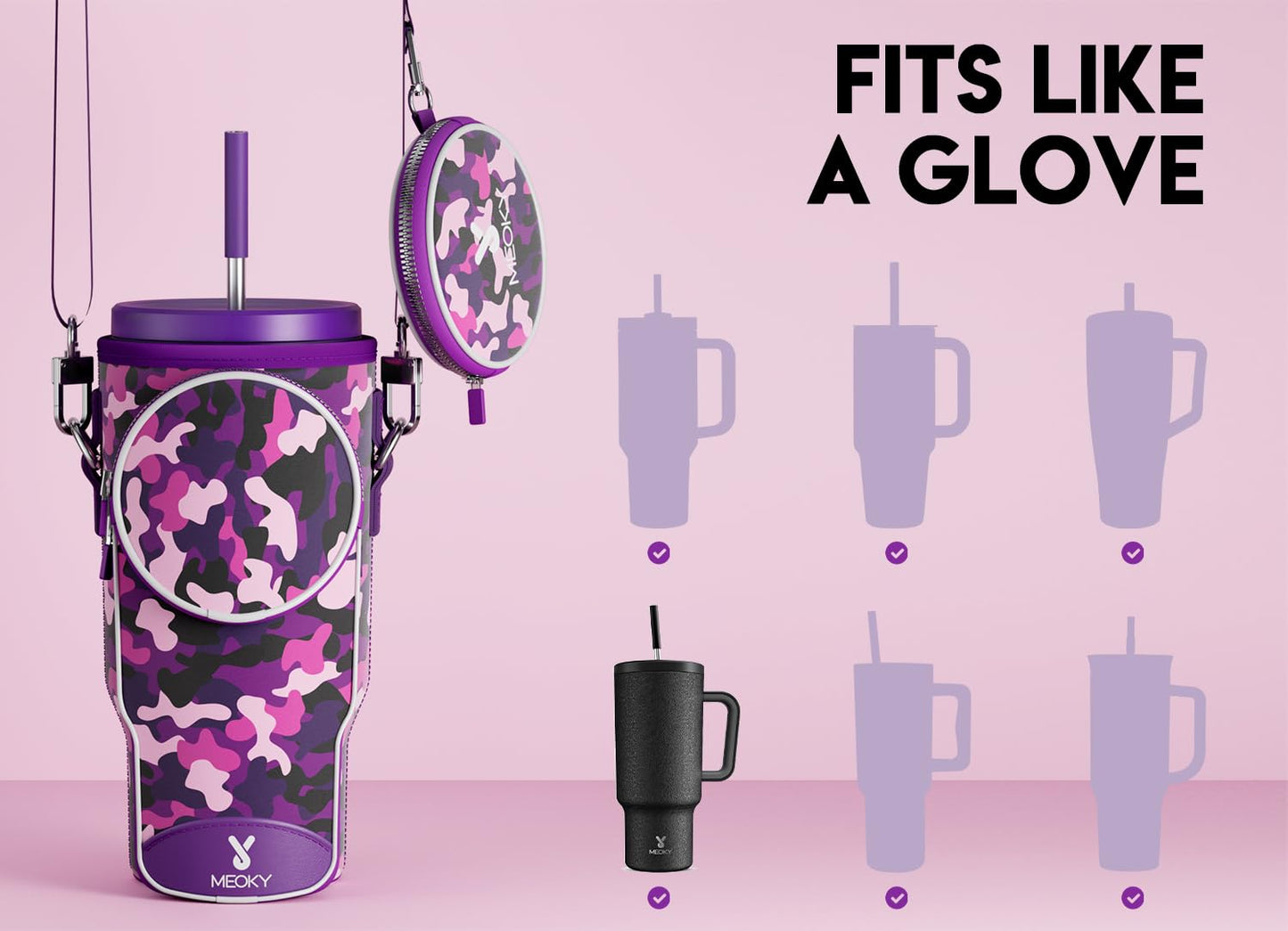Meoky Water Bottle Carrier Bag with Phone Pocket for 40 oz Tumbler with Handle, Neoprene Water Bottle Holder Pouch with Adjustable Strap, 2 Carabiner Clips (Purple Mix)