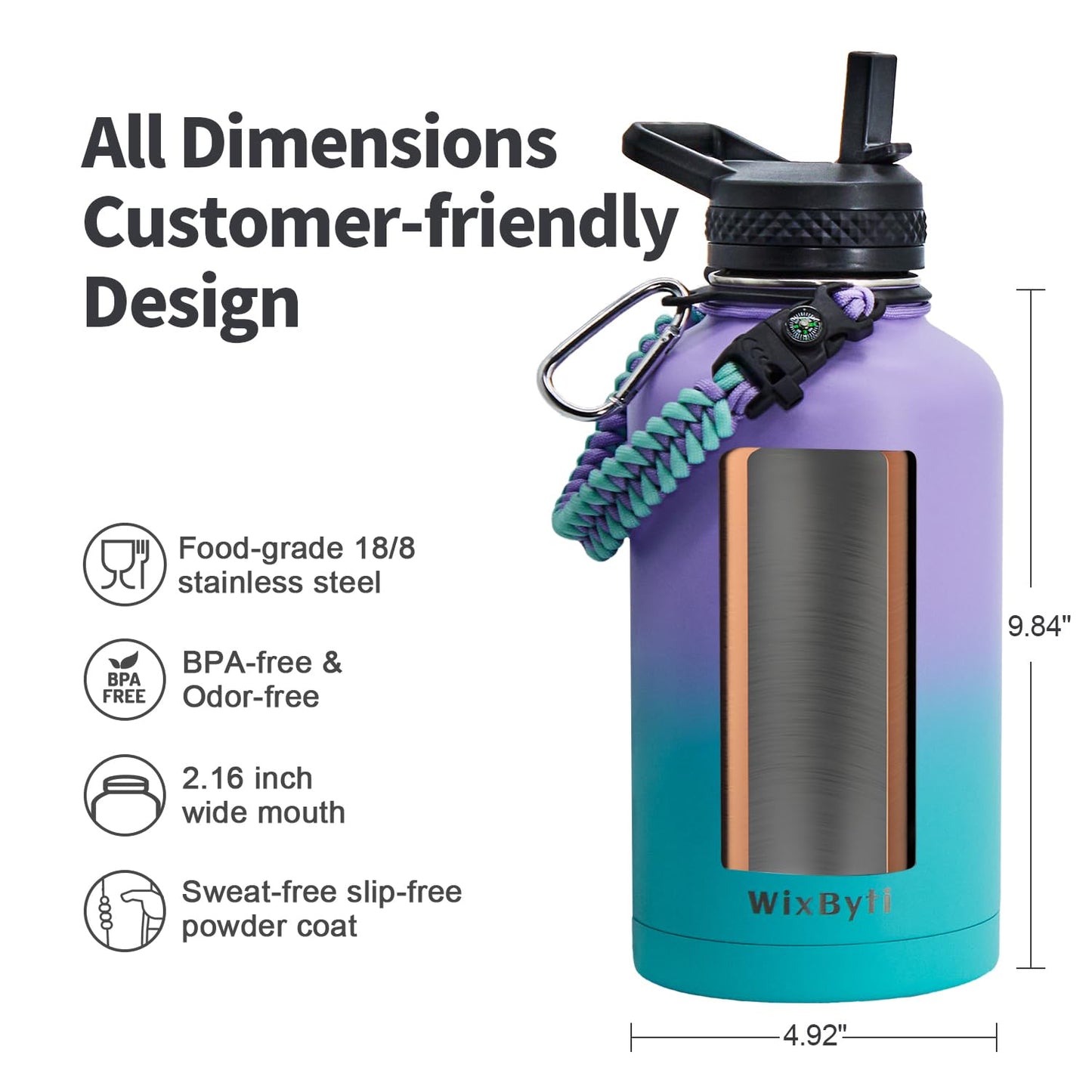 WixByti 64 oz Insulated Water Bottle with Straw (Cold for 48 Hrs), Half Gallon Stainless Steel Triple Wall Vacuum Sports Water Jug, Leakproof Hydro Cup Flask with Straw Spout Lids & DIY Stickers