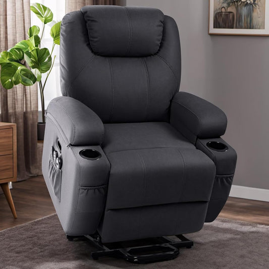 Flamaker Power Lift Recliner Chair with Massage for Elderly Ergonomic Lounge Chair Classic Single Sofa with 2 Cup Holders Side Pockets Home Theater Seat (Fabric, Navy Blue)