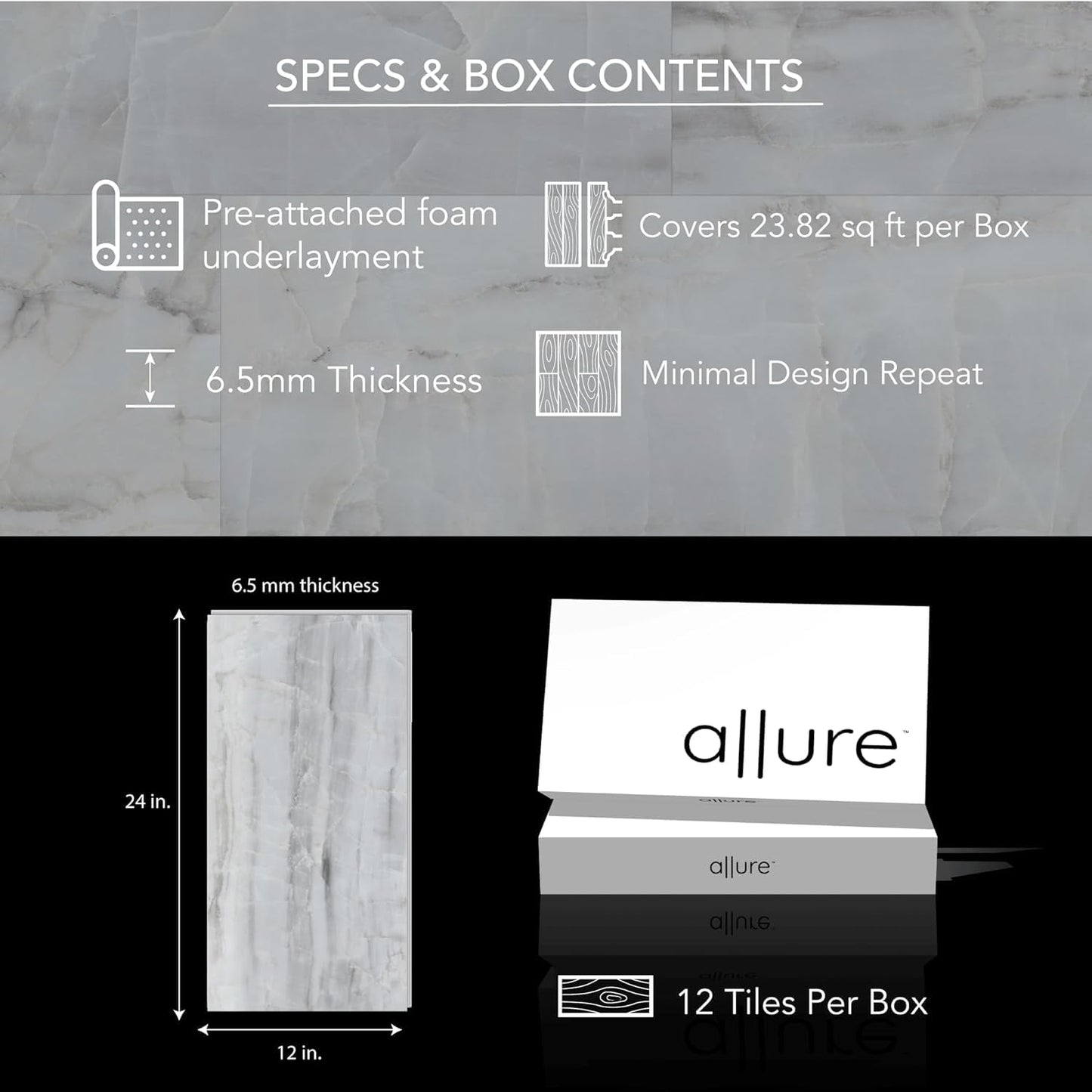 Allure 12" x 24" x 6.5mm, 12mil Luxury Vinyl Tile Flooring, Europa Brulee Marble Look, Embossed, Waterproof, Full Pallet, 24 Cases (571.6 sqft), 12 Tiles/Box, 23.82 sqft/Box