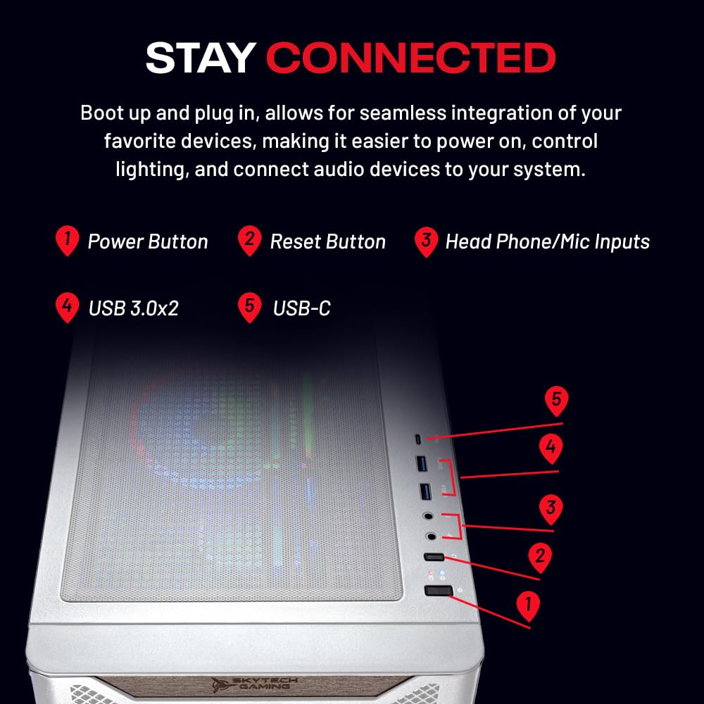 Skytech Gaming Chronos 3 Desktop PC, Ryzen 7 7700X 4.5 GHz (5.4GHz), NVIDIA RTX 5070 12GB, 1TB NVMe SSD, 32GB DDR5 RAM 5600 RGB, 850W Gold PSU, 360mm ARGB AIO, Wi-Fi, Win 11