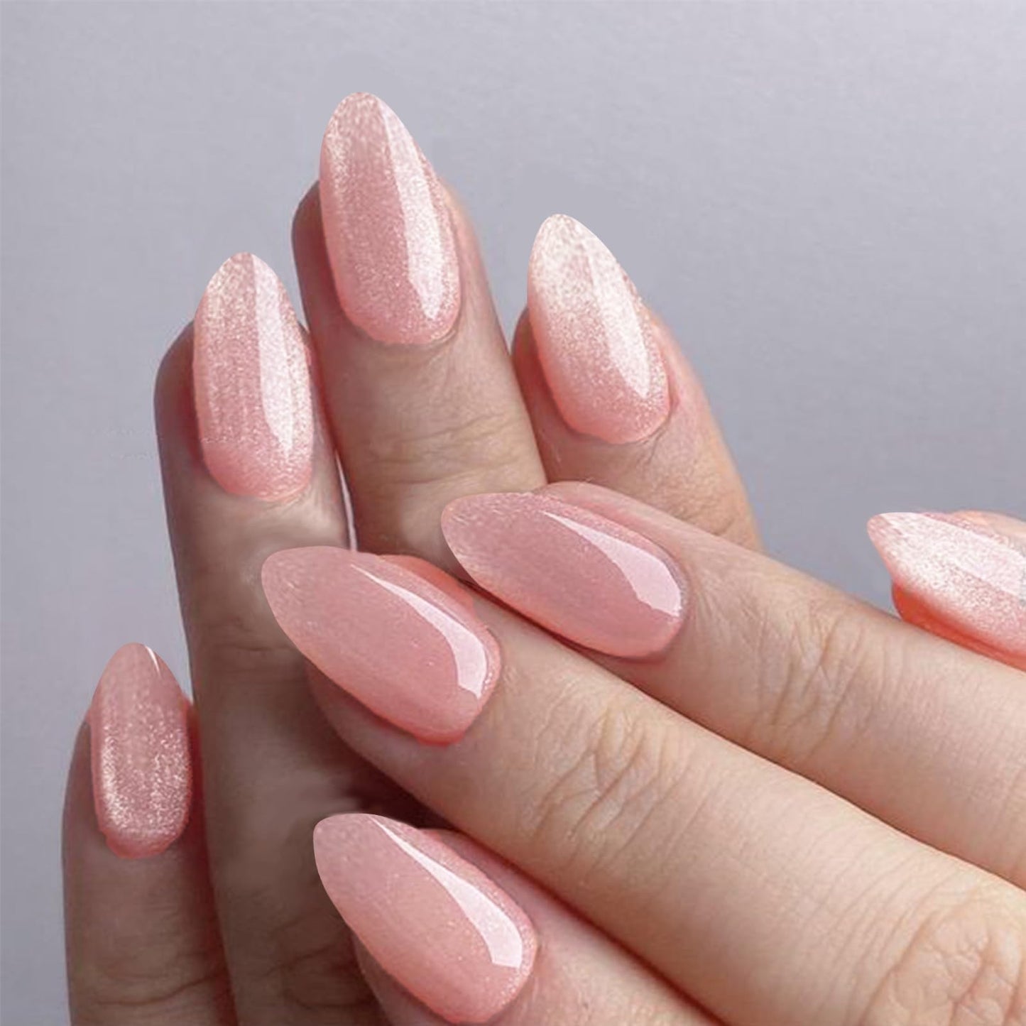 GLAMERMAID Pink Press on Nails Short Almond, Handmade Magnet Cat Eyes Jelly Gel Fake Nail Kits, Ombre Glitter Magnetic Glue on Nail Stiletto, Mermaid Medium Oval Stick on False Nail Set for Women
