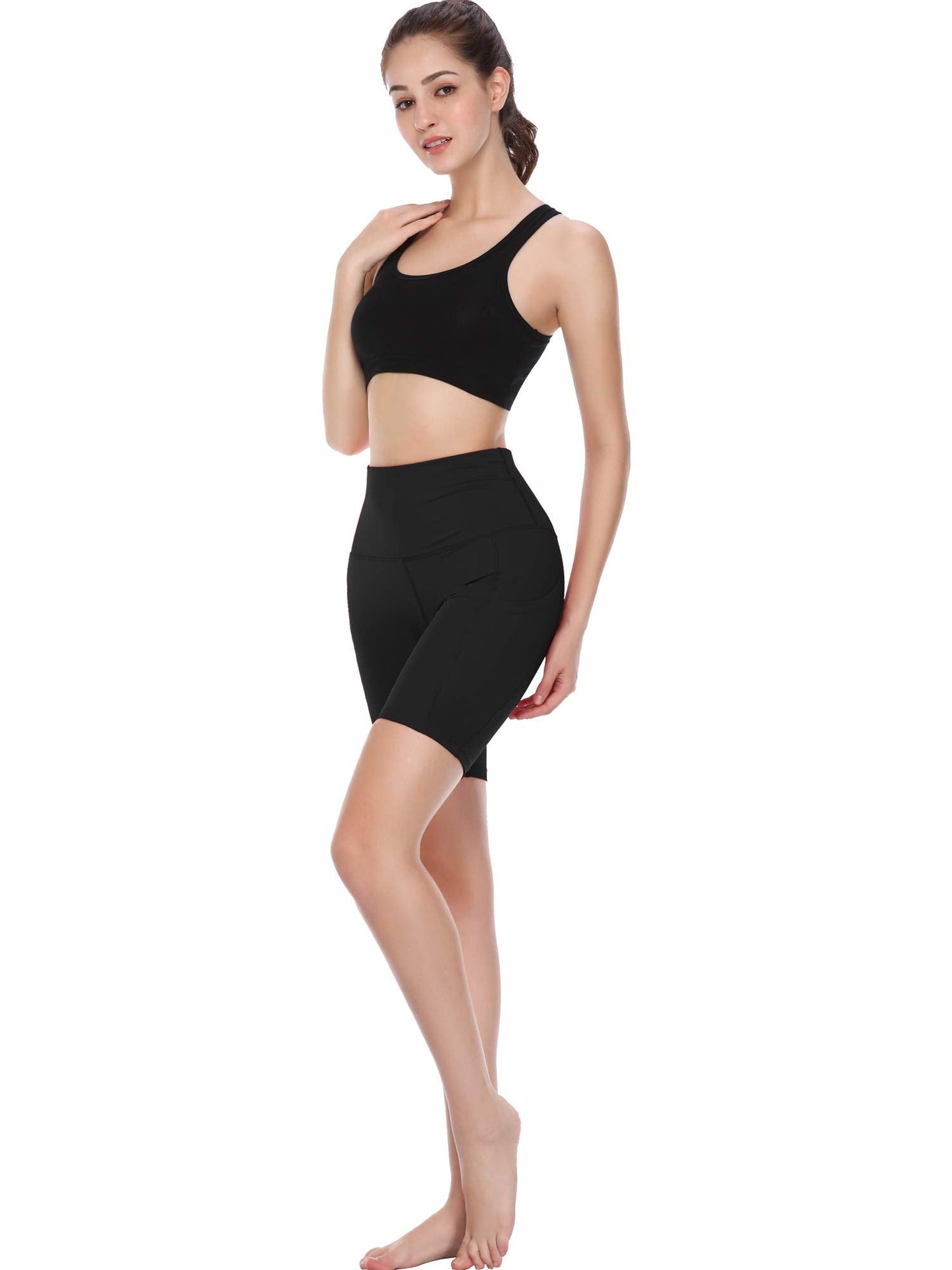 CADMUS Women's High Waist Spandex Yoga Shorts for Bike Running Two Side Pockets,1010,Black,Black,Black,Medium
