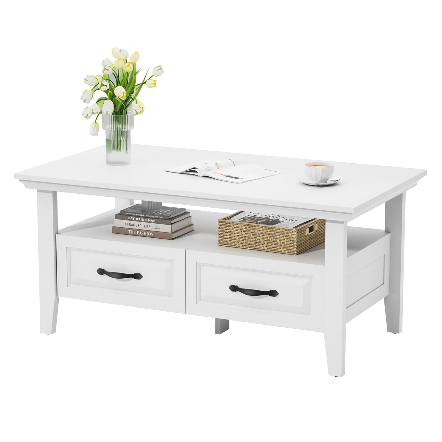 Amada White Coffee Table for Living Room, 39.4" Farmhouse Wood Coffee Table with Storage, Featuring Open Display Shelf, Hidden Drawers, Robotic Vacuum-Friendly, Ideal for Home Office, White