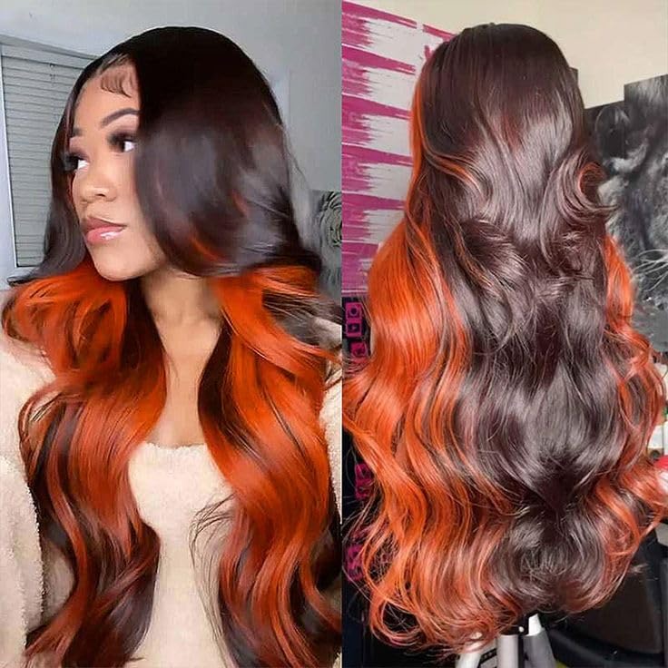 Daphernew 200% Density 13X6 Ginger Lace Front Wigs Human Hair Pre Plucked for Women Ombre 13X6 HD Transparent Ginger Orange wig Glueless Hightlight Lace Front Wigs Human Hair with Baby Hair 34Inch