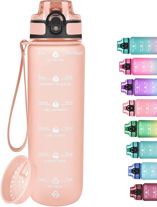 GOSWAG 32oz Motivational Water Bottles with Time Marker and Fruit Strainer, Sports Water Bottle with Times to Drink, Leakproof, Reusable Plastic Bottle with Strap no Straw for Gym, School