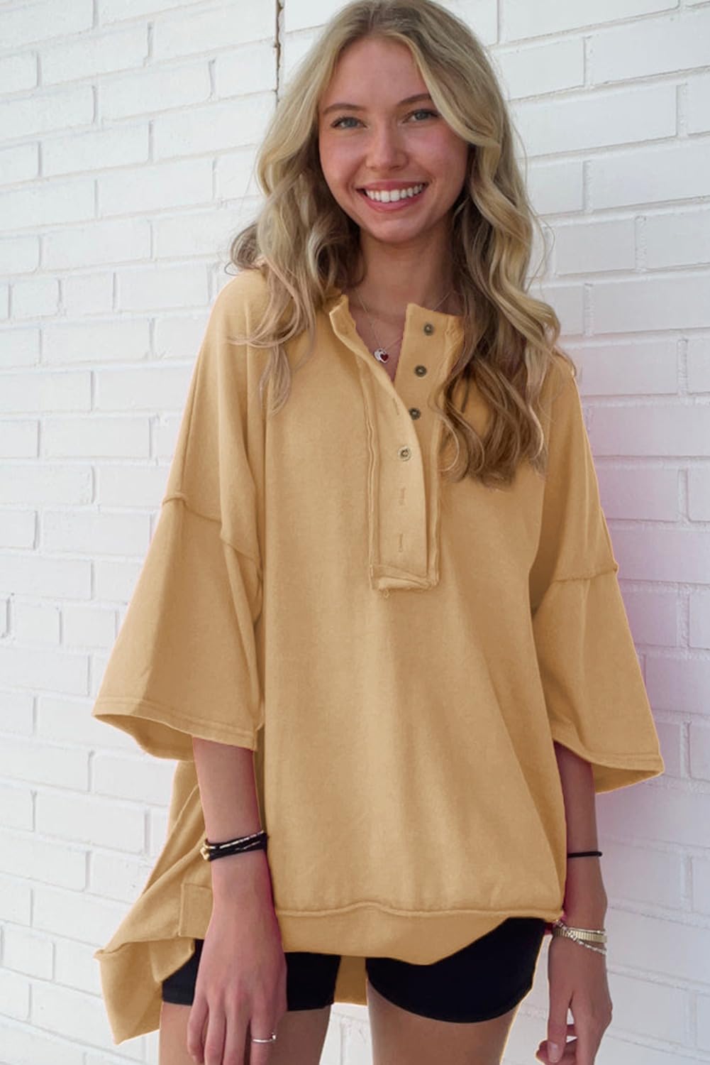 AlvaQ Women Short Sleeve Sweatshirt Summer Henley Neck Tops Casual Loose Basic Tee Shirts 2024 Trendy Clothes Tunic Blouse Apricot Large