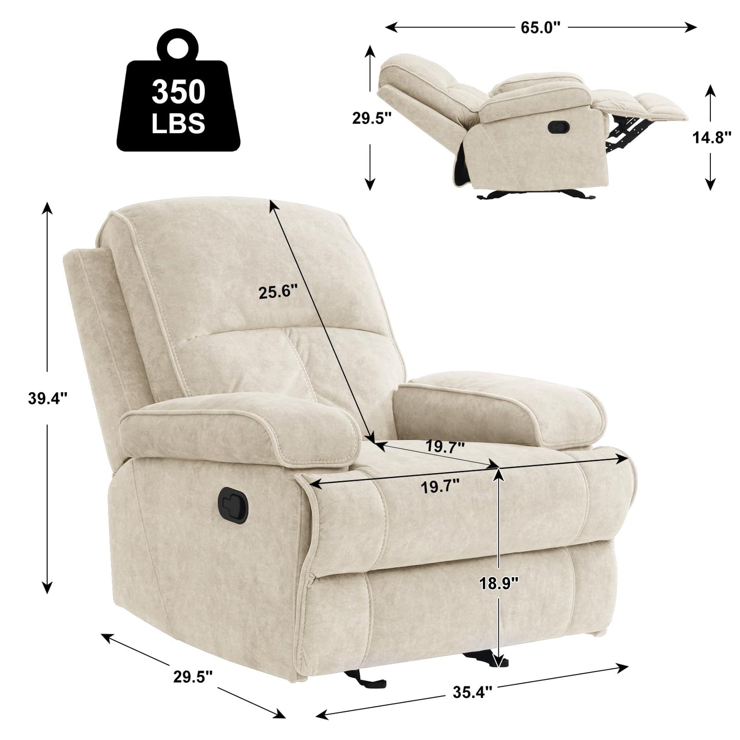 KeyEnergy Rocker Recliner Chair for Adults, Manual Glider Chair for Nursery, Reclining Single Sofa Chair for Living Room, Upholstered Fabric Armchair, High Back, Deep Seat, Beige