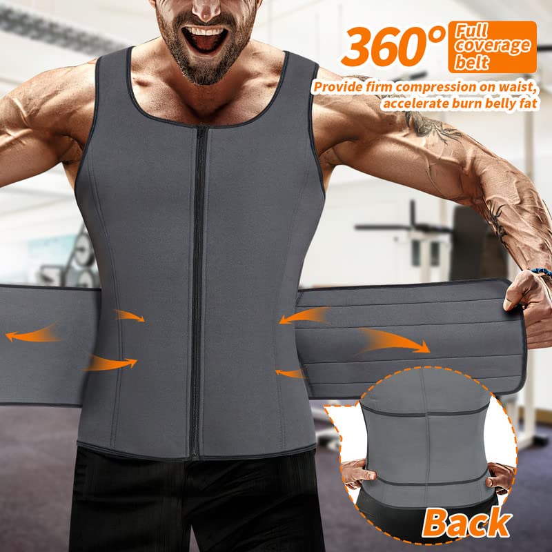 SHAPERIN Sweat Sauna Vest for Men Waist Trainer Body Shaper Zipper Neoprene Tank Top with Adjustable Belt Gray S