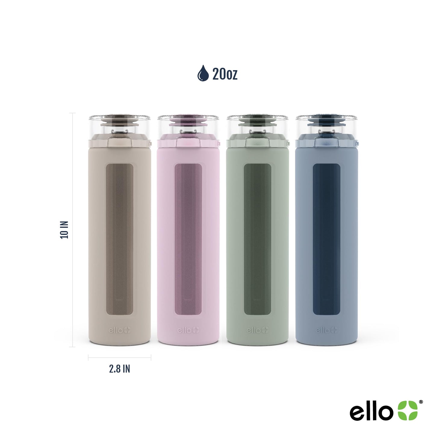 Ello Syndicate 20oz Reusable Glass Water Bottle with One-Touch Leak Proof Flip Lid, Protective Non-Slip Silicone Sleeve, Carry Loop for Coffee, Tea and Water, BPA-free, Dishwasher Safe, Tech Blue