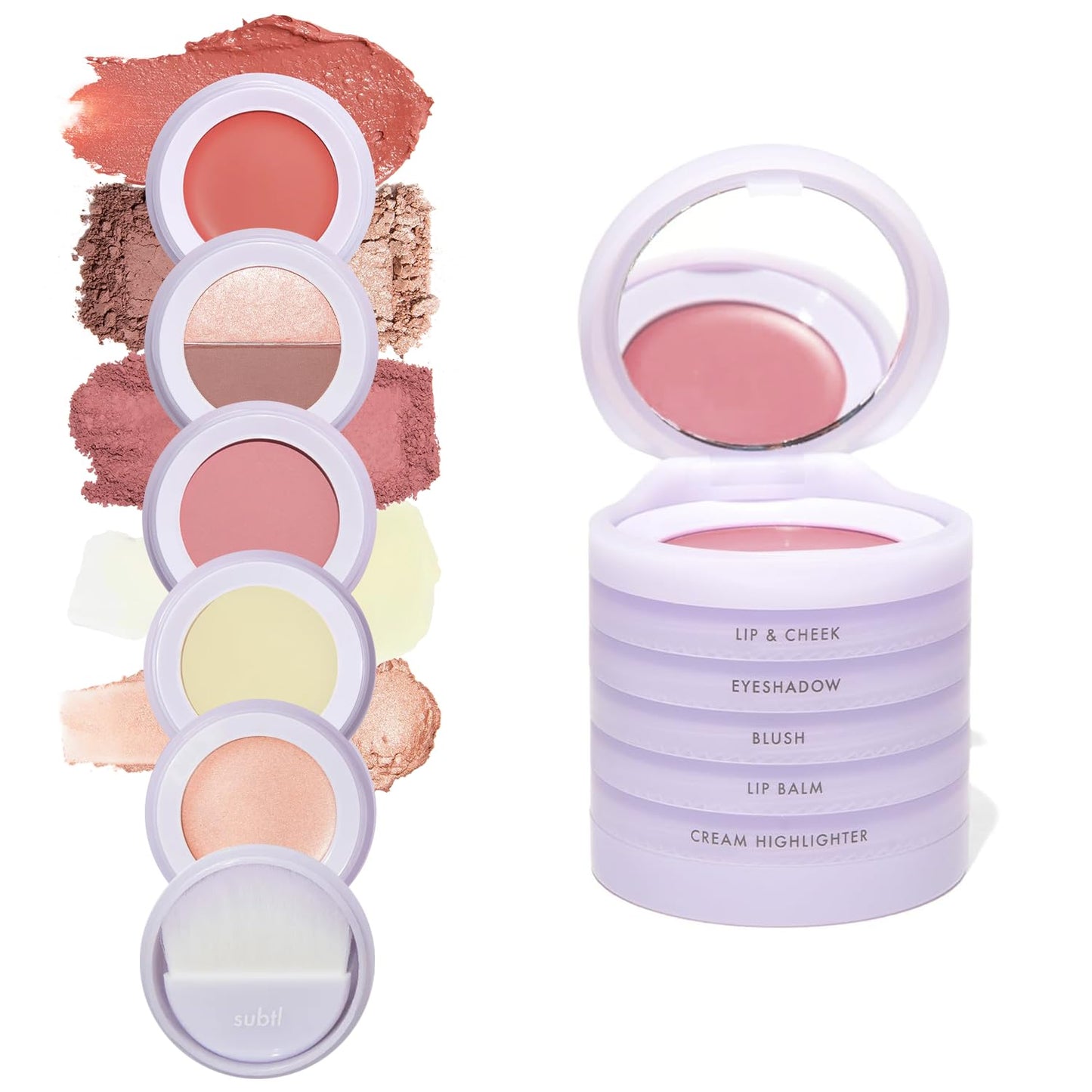 5-in-1 Travel Makeup kit by subtl beauty | eyeshadow duo, powder blush, cream highlighter, lip and cheek, lip balm | free travel mirror and brush | stackable makeup for travel