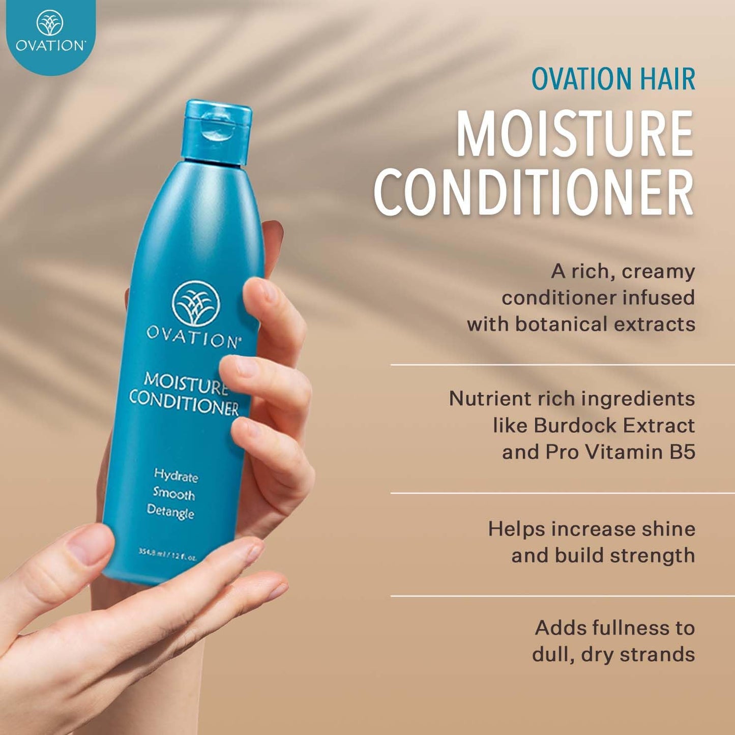 Ovation Hair Moisturizing 3-Step System - with Moisture Shampoo, Conditioner, and Cell Therapy Growth & Scalp Treatment - Nourish, Smooth, Detangle, & Hydrate Brittle Locks
