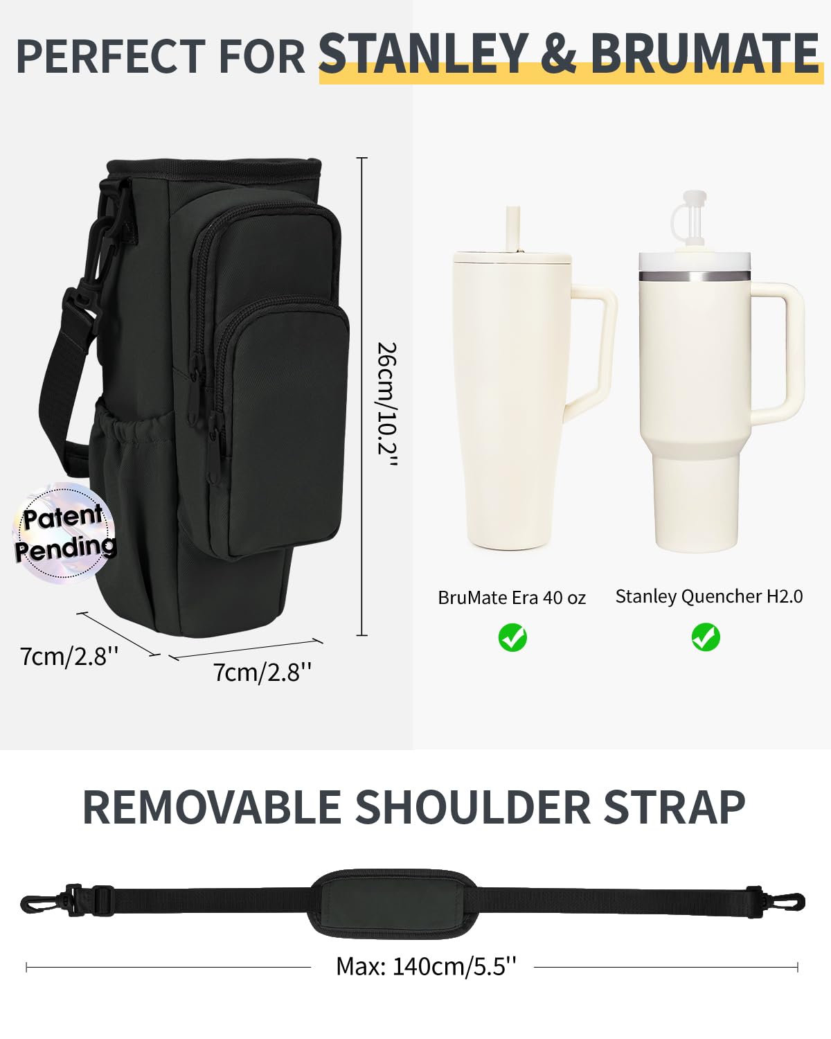 Water Bottle Carrier Bag with Phone Pocket for Stanley Brumate era 40oz Insulated Water Bottle Holder Pouch with Strap Water Bottle Bag with Straw Cover for Stanley Cup Accessories Patent Pending