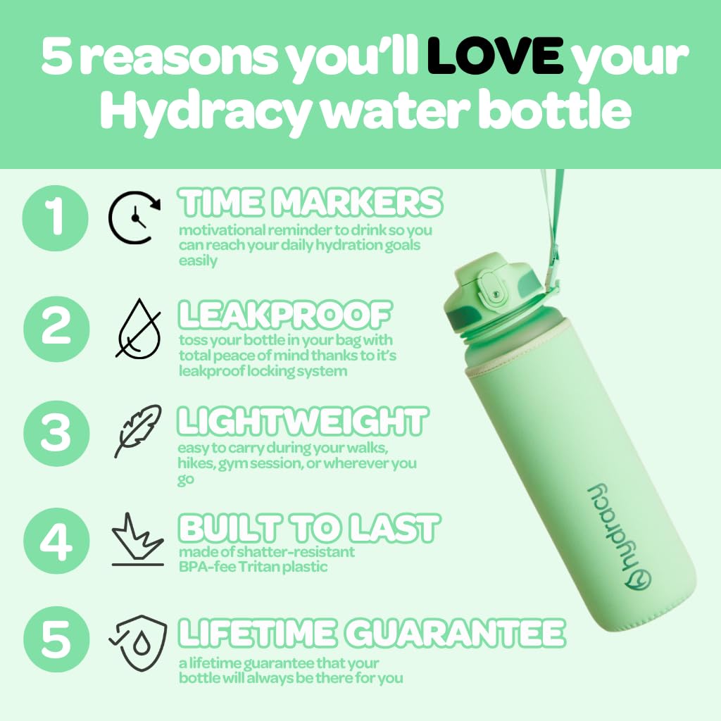 Hydracy Water Bottle with Times to Drink & Straw - Large 32 Oz BPA Free Motivational Water Bottle & No Sweat Sleeve -Leak Proof Gym Bottle with Time Marker - Ideal Gift for Fitness, Sports & Outdoors