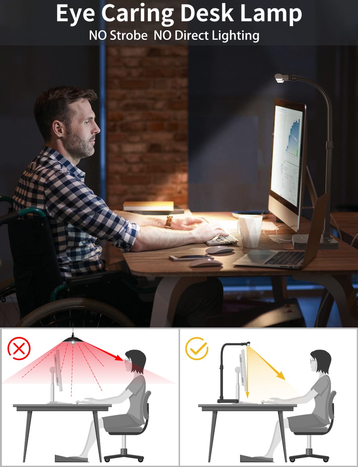 AKRRYR LED Desk Lamp for Home Office, Double Head 24W with Base, Architect Light 5 Lighting Brightness Flexible Gooseneck Table Reading Study, Black