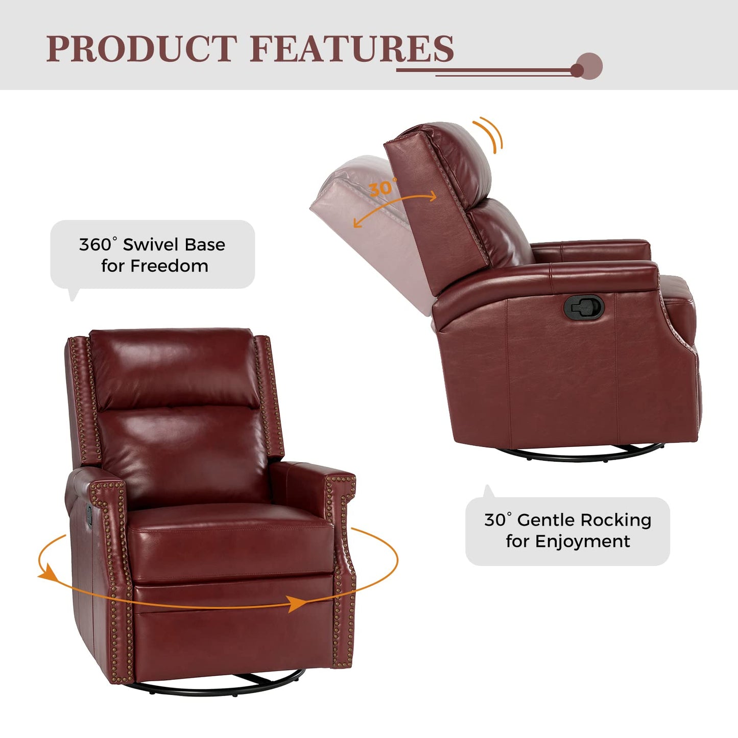 HULALA HOME Genuine Leather Swivel Rocker Recliner Chair Set of 2 for Living Room,Manual Glider Recliner with Adjustable Backrest&Footrest,Modern Home Theater Sofa Armchair with Nailhead Trim,BURGUNDY