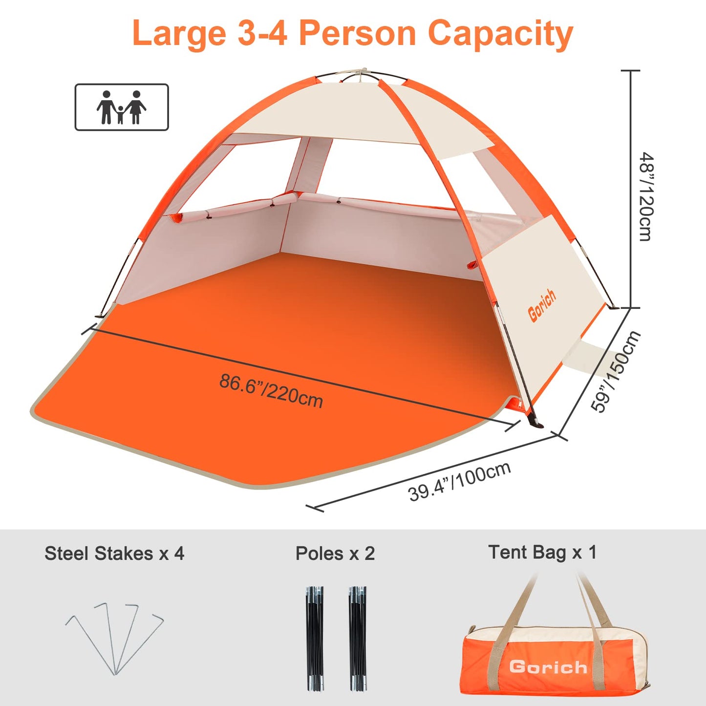 Gorich Beach Tent Sun Shelter for 3/4-5/6-7/8-10 Person with UPF 50+ UV Protection, Lightweight & Easy Setup Beach Shade Canopy, Portable Beach Shade Tent Beach Cabana