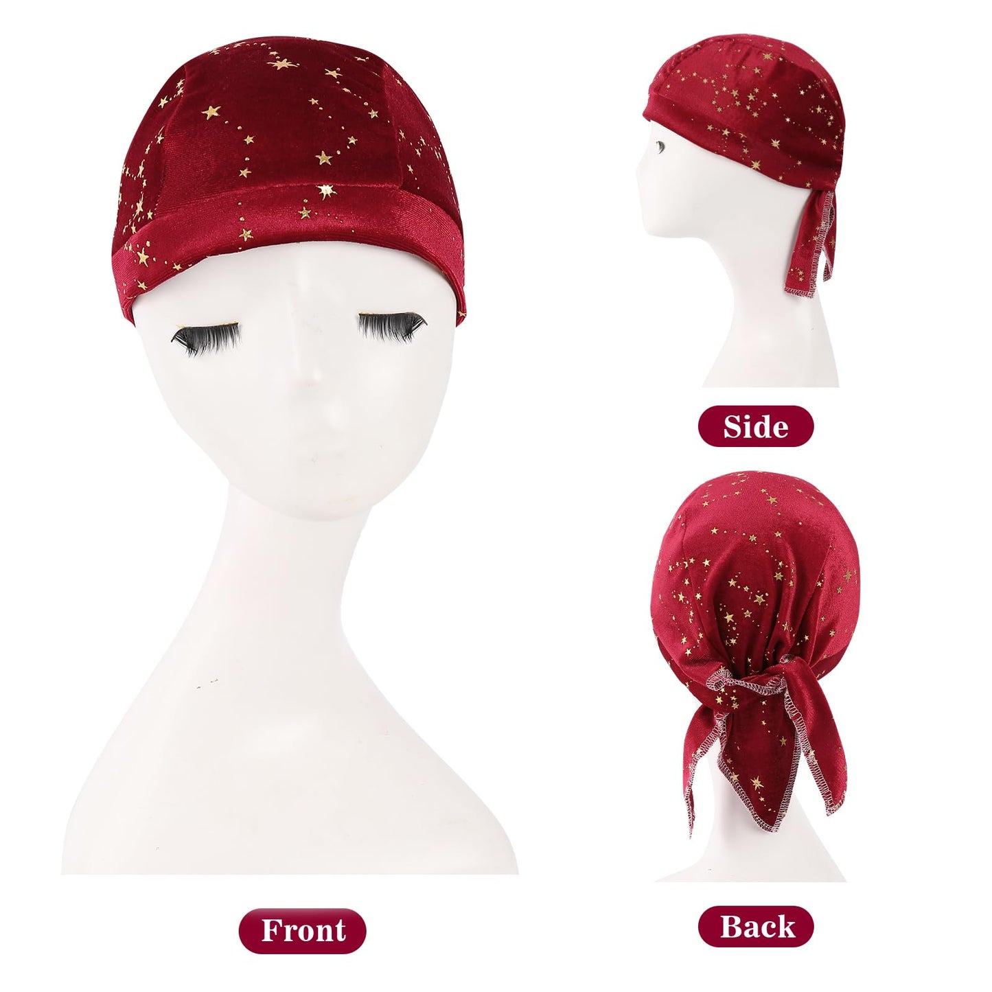 DOCILA Do Rags Skull Cap for Women Bronzing Golden Star Velvet Motorcycle Head Wrap Warm Fall Winter Biker Head Bandana Cycling Beanie Black Red Blue 3 Pcs