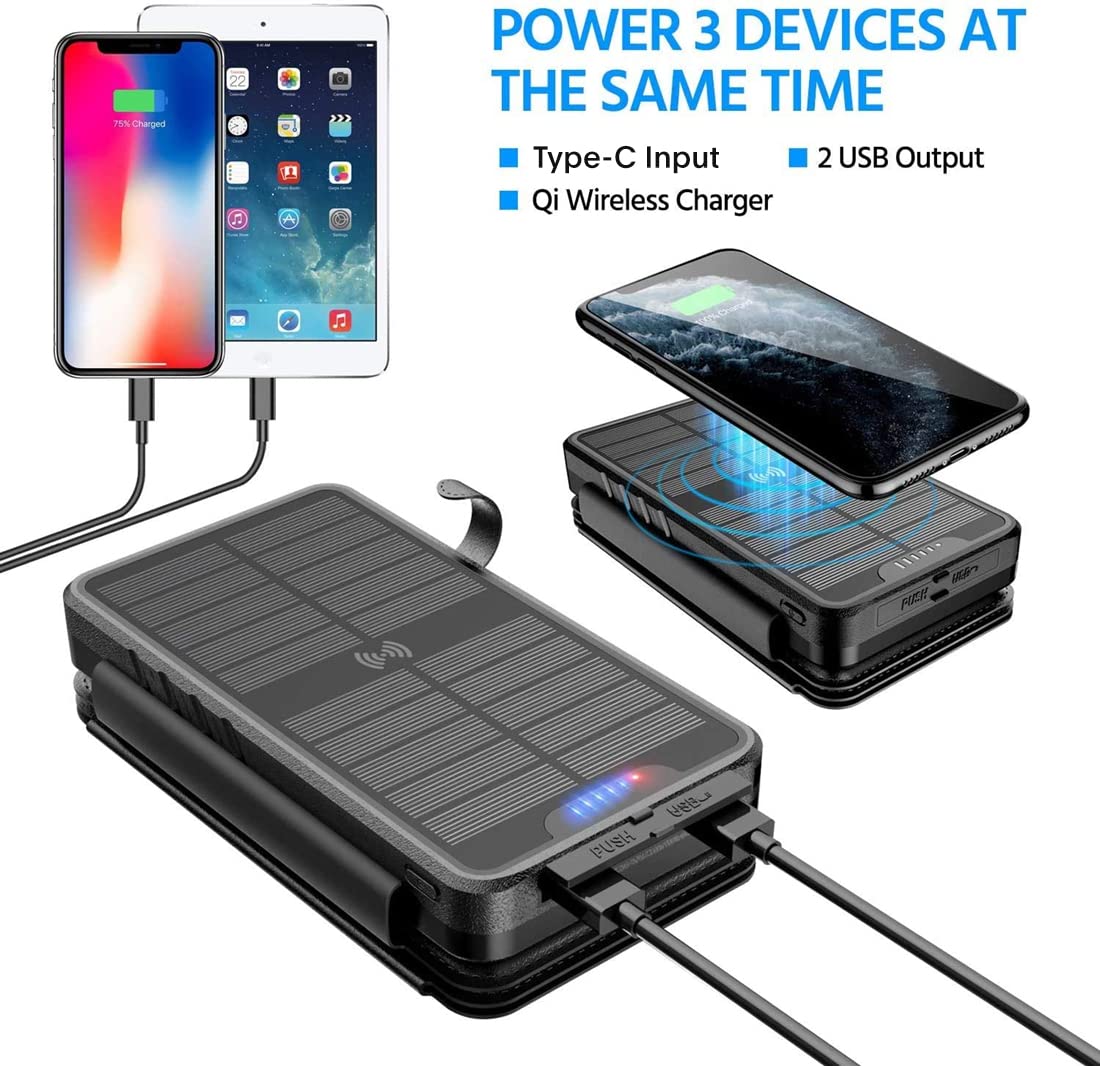 QiSa Solar Charger 38800mAh Power Bank with Dual 5V3.1A Outputs 10W Qi Wireless Charger Waterproof Built-in Solar Panel and Bright Flashlights