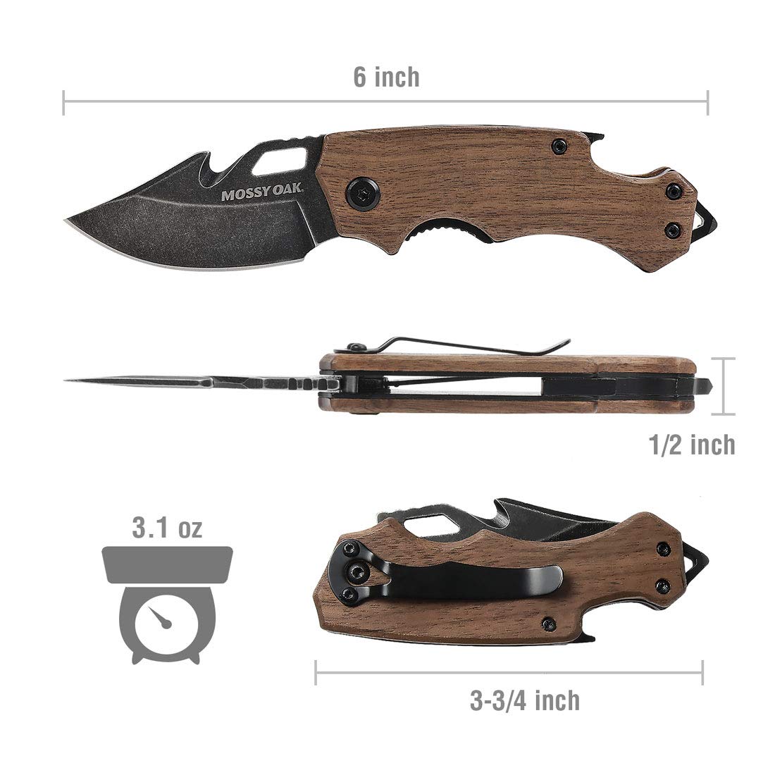 Mossy Oak Mini Folding Pocket Knife, Stainless Steel Drop Point Blade - EDC Multi-tool with Bottle Opener and Glass Breaker (Brown)