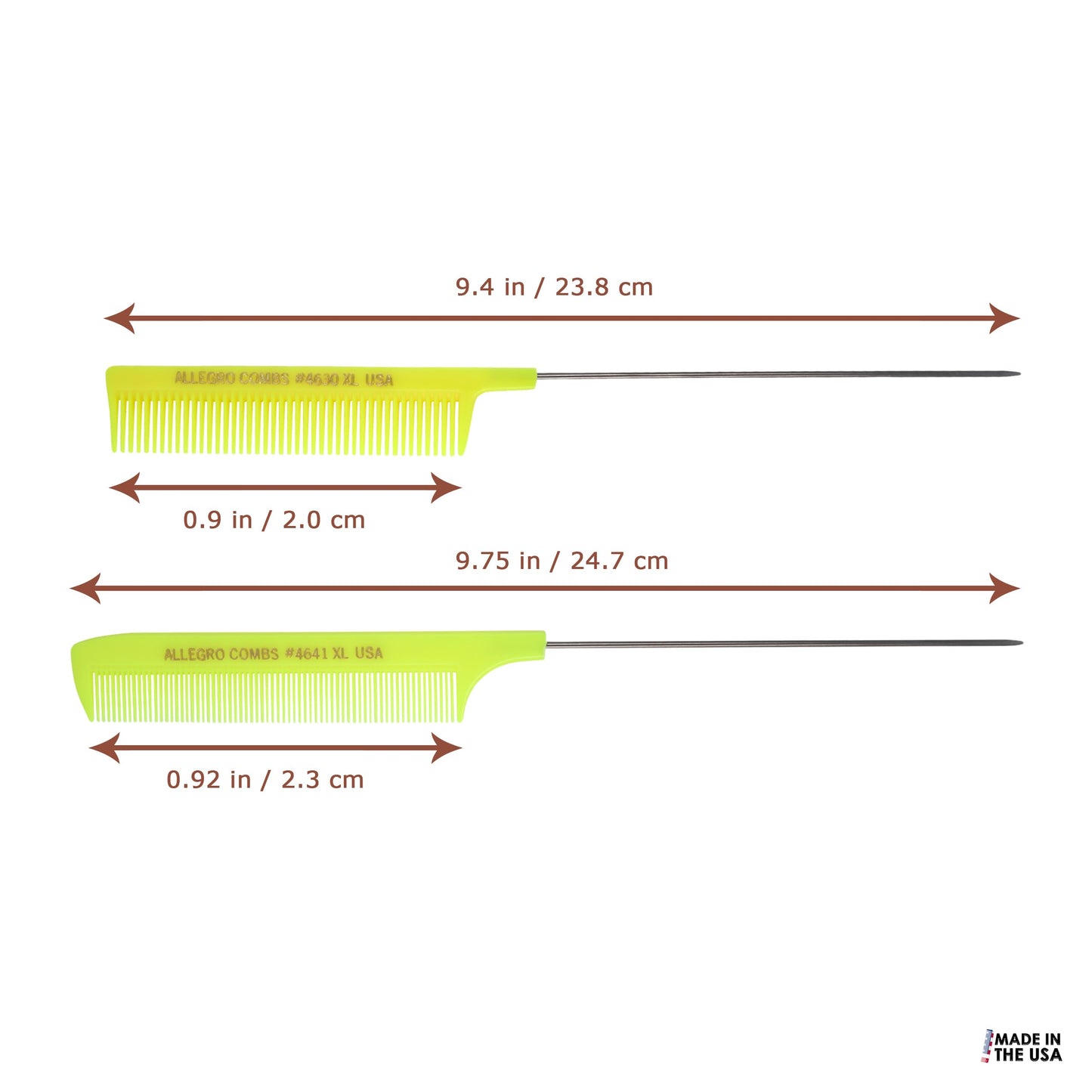 Allegro Combs XL Pintail Rat Tail Combs Parting Combs Metal Tail Foiling Combs Pin Combs Stitch Braids Combs2 Pc. (Neon Yellow)