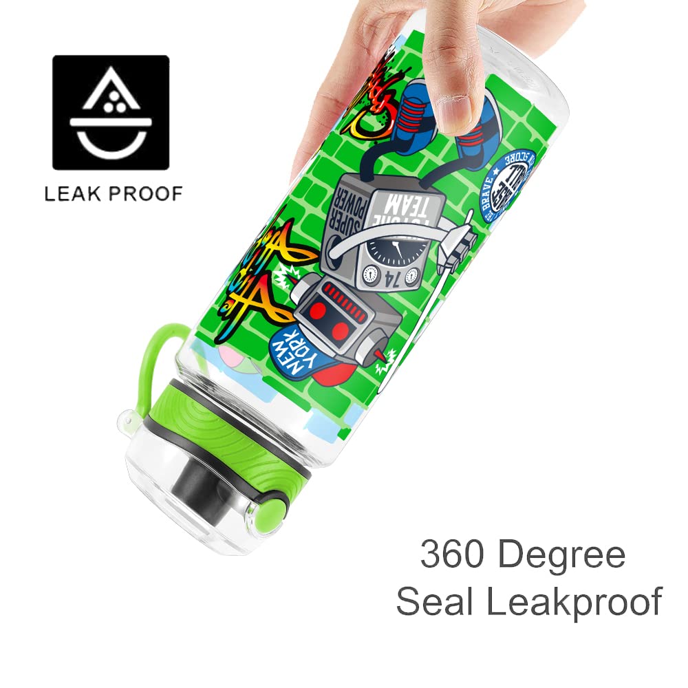 Cute Water Bottle for School Kids Girls, BPA FREE Tritan & Leak Proof & Easy Clean & Carry Handle, 23oz/ 680ml - Sports Robot