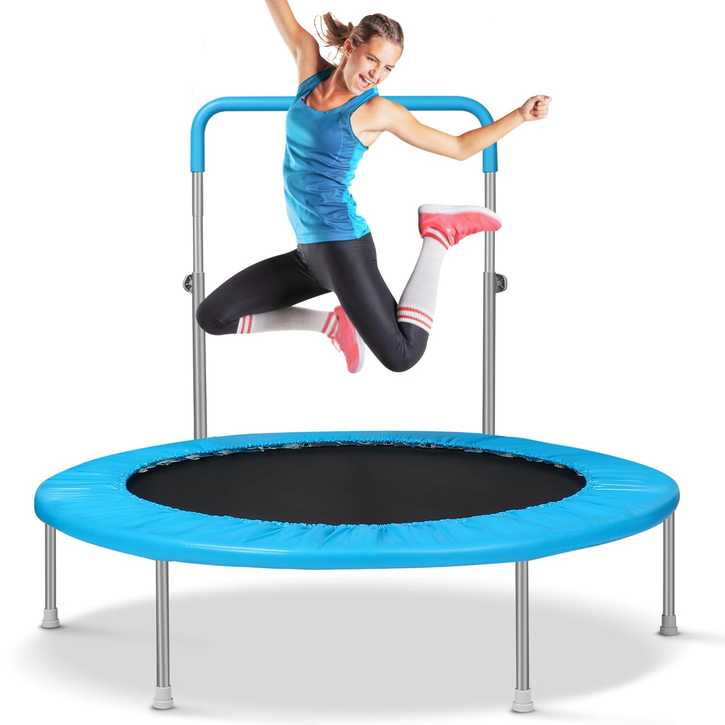 Lyromix 48Inch Rebounder Trampoline for Adults with Adjustable Bar, Mini Fitness Trampoline for Adults and Kids, Small Exercise Trampoline with Handle for Indoor Outdoor Workout, Blue