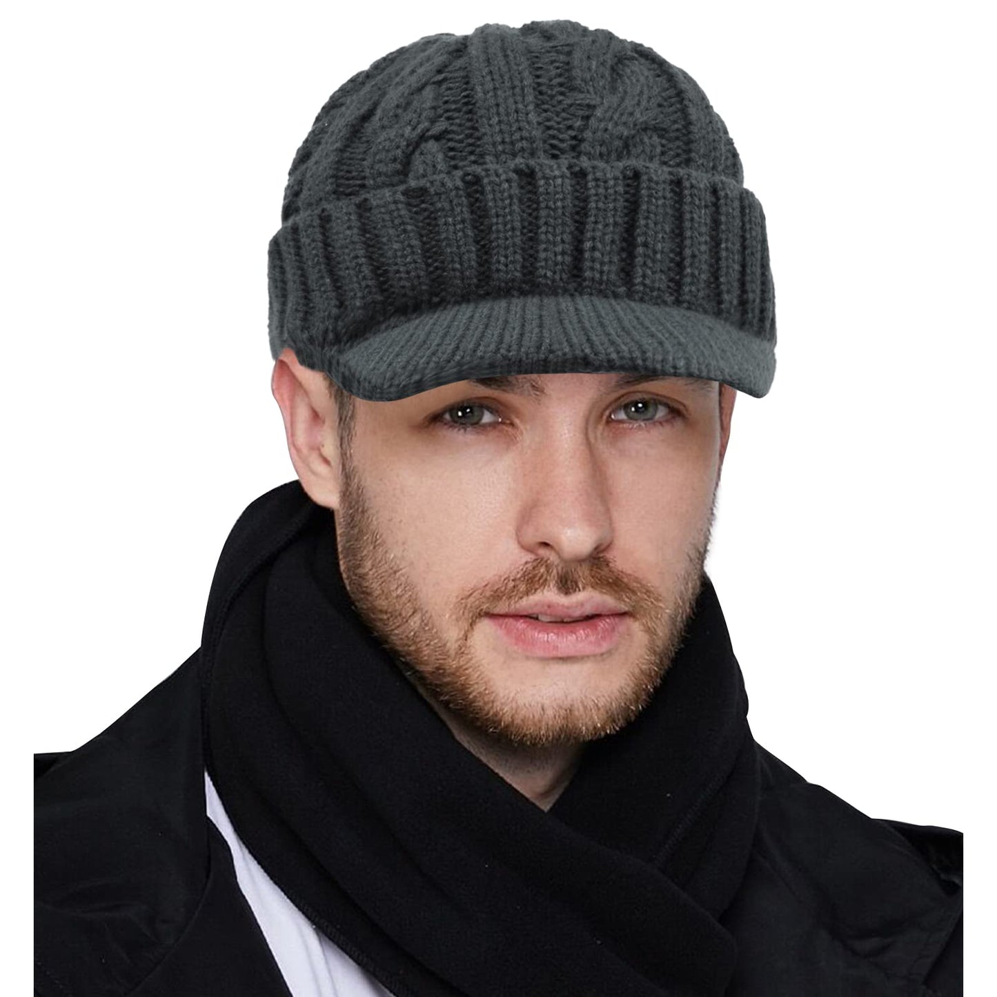 Clakllie Winter Visor Beanie Hat for Men Women Brim Knit Skully Hats Billed Skull Cap Thick Vintage Knitted Beret,Gray