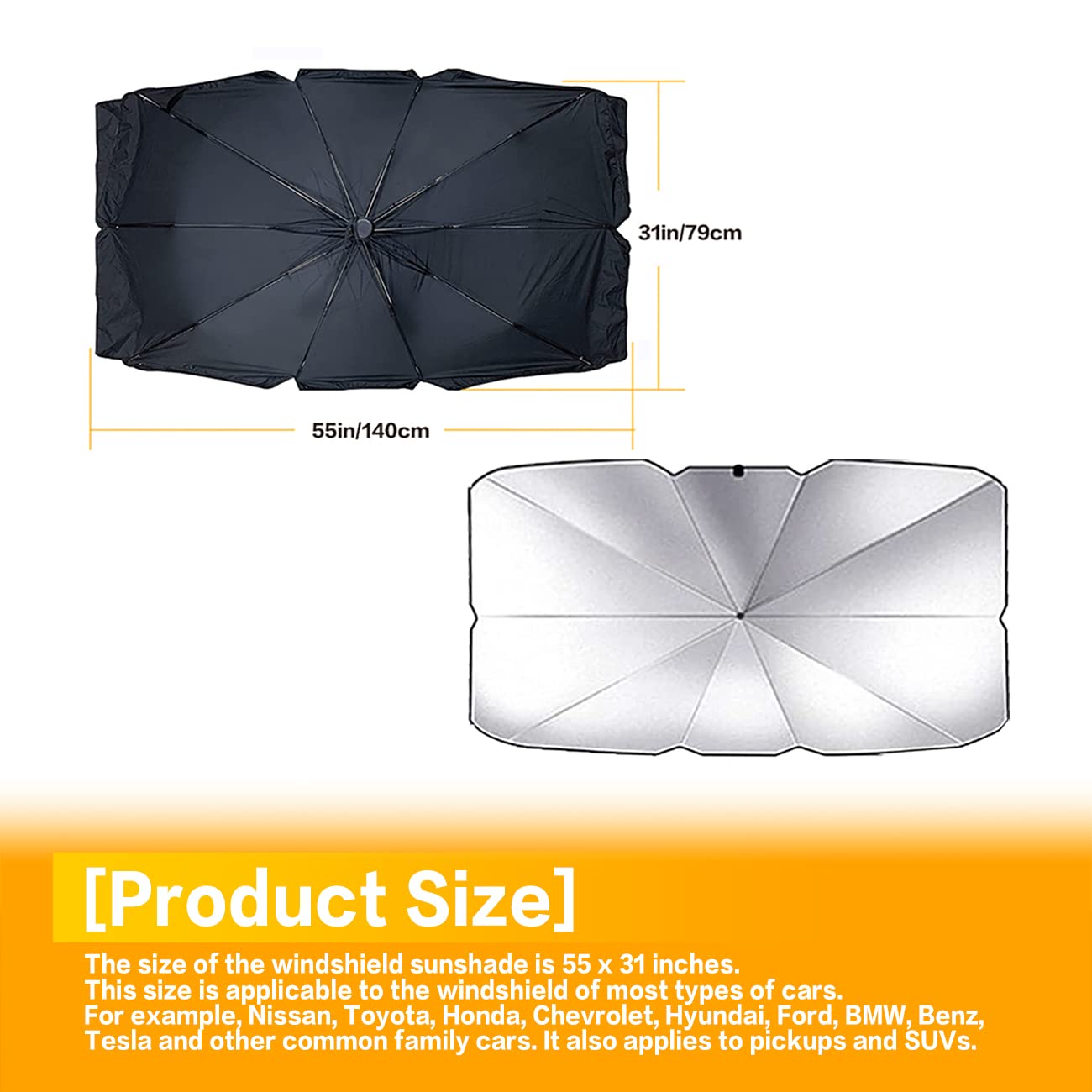 AOCISKA 55" x 31" Car Sunshade Umbrella,Upgraded Windshield Cover Sun Shade,UV Reflecting Portable Front Window Cover,Universal Car Windshield Sunshades,UV Block for Front Windows,Fits Most Vehicles