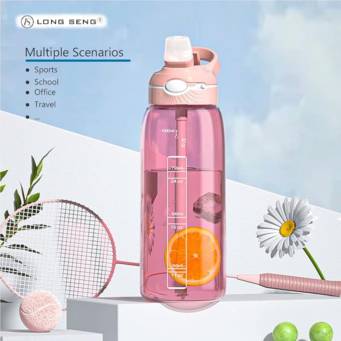 Sports Water Bottle 35 OZ, Gym Leak Proof Wide Mouth Straw Water Bottles Pink BPA-Free Plastic Water Bottle Odorless Light Portable Easy Clean Water Bottles For Adults Man Woman
