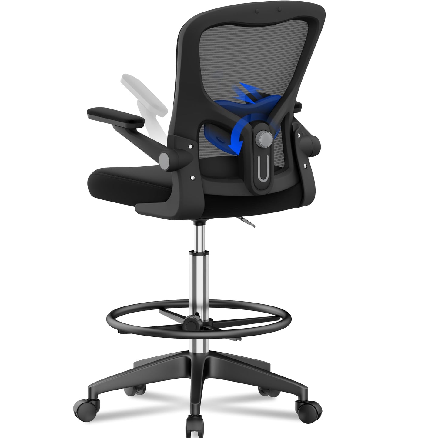 FLEXISPOT Upgraded Drafting Chair Tall Office Chair with 2D Lumbar,3D Flip-up Armrest,Standing Desk Chair with Breathable Mesh Adjustable Foot Ring Stool BIFMA Certified for Home Office,Drawing,Black