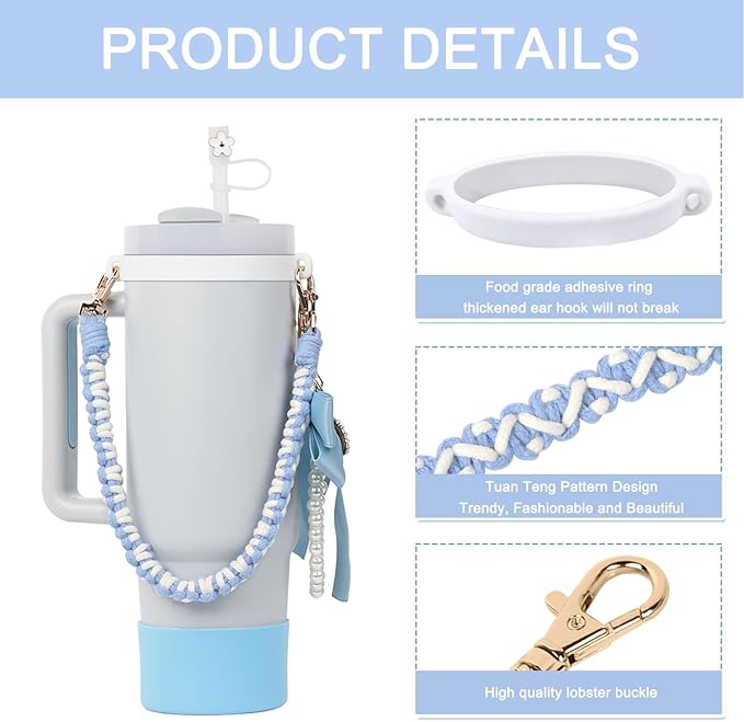 BELSITA Stanley Cup Accessories Set, Bow Pearl Chain Braided Design Water Bottle Handle Strap, Silicone Stanley Cup Boot, Stanley Charms for Stanley Cup 30/40oz Tumble (Blue)