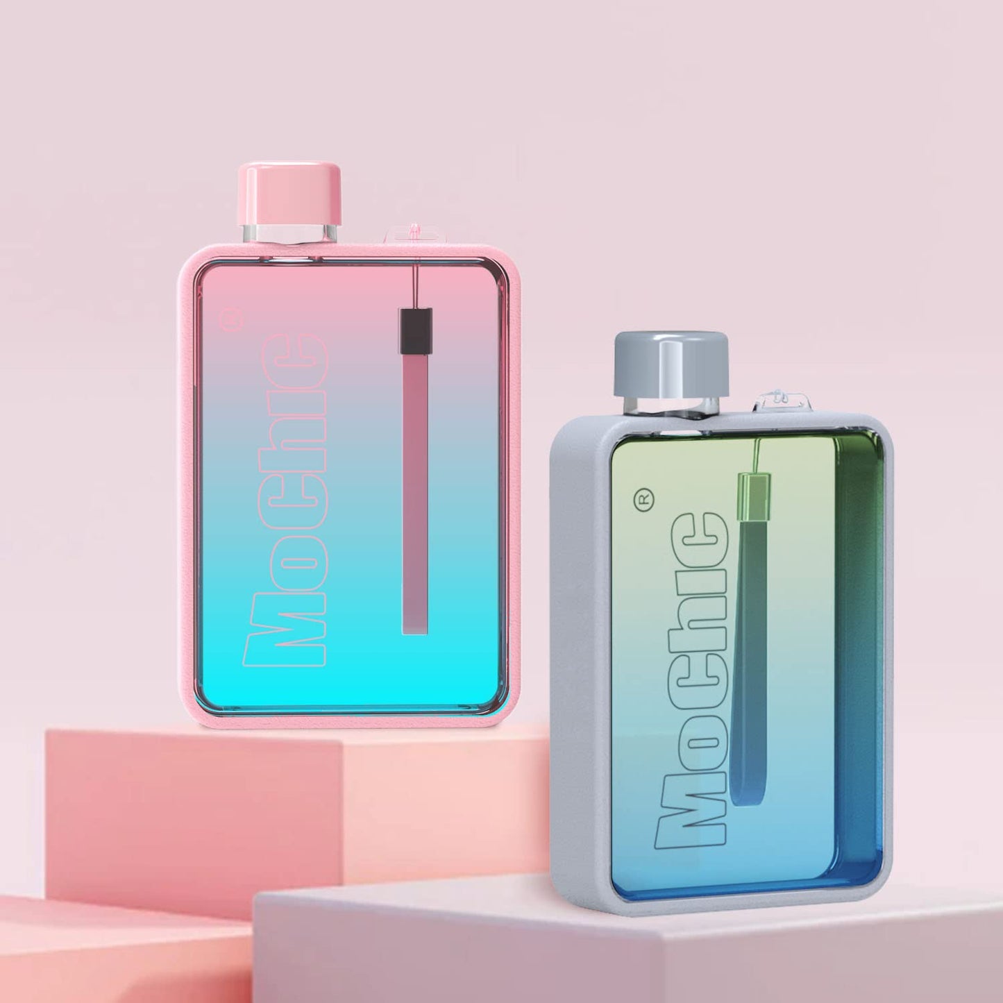 MoChic Flat Water Bottle Leak Proof and Slim Water Bottle Design BPA Free A5 Water Bottle Unique frosted and color designs Sports Gym Outdoor Travel 13oz