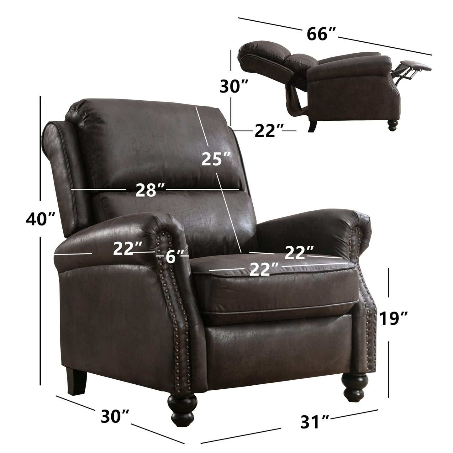 CANMOV Pushback Recliner Chair Faux Leather Armchair Push Back Recliner with Rivet Decoration Single Sofa Accent Chair for Living Room, Dark Grey
