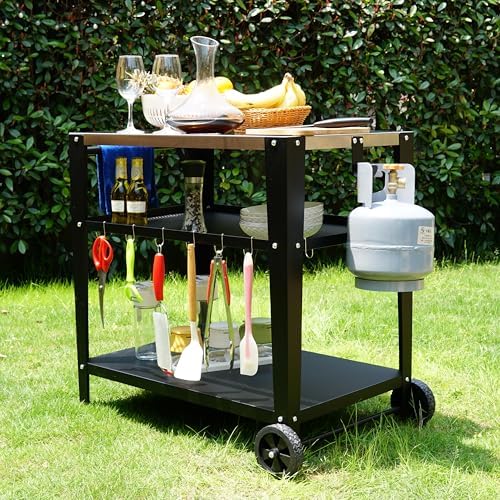 Stainless Steel Outdoor Grill Cart with Wheels, Heavy-Duty 3-Tier BBQ Prep Table for Pizza Oven, Griddle, Patio – Rustproof Commercial Kitchen Cart with Tool Hooks