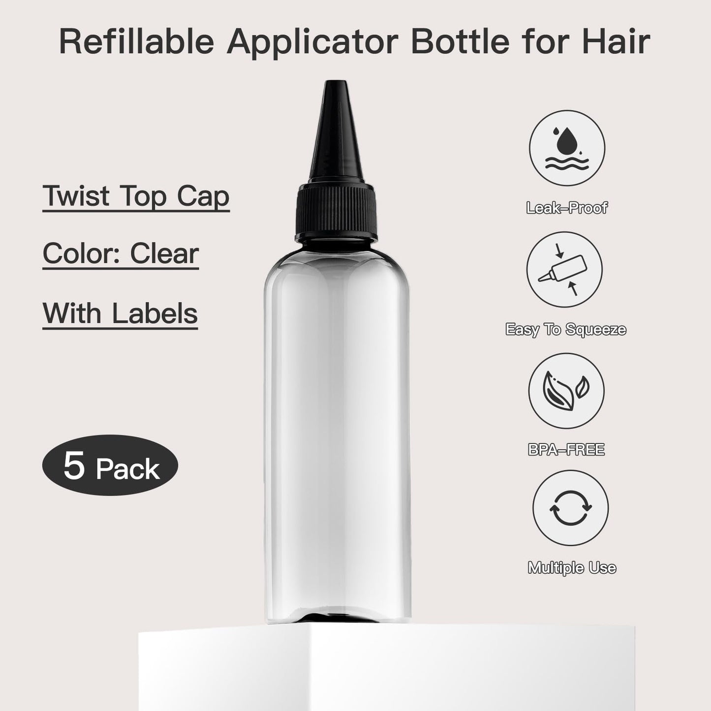 Tekson Hair Color Applicator Bottles, 5 Pack Refillable Squeeze Bottle, Empty Plastic Twist Top Cap Bottles (3.4 OZ, Clear)